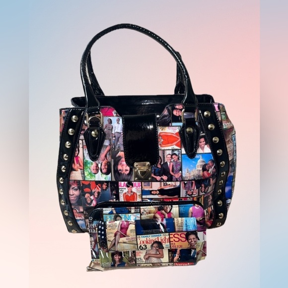 Michelle & Barrack Obama Magazine Studded Patent Leather Tote w/ Matching Wallet - Picture 2 of 10